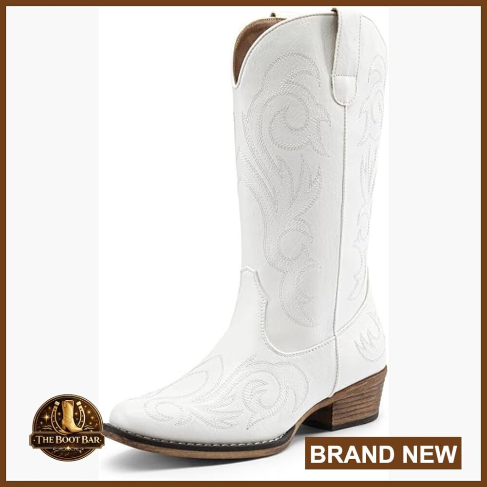 Women's Mid-Calf Cowboy Boots Square Toe Chunky Heel Embroidery Western
